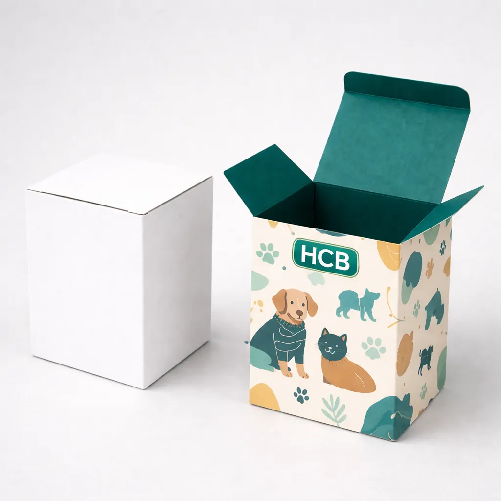 Vertical medicine-style boxes, one blank white and one with HCB branding and teal wave patterns